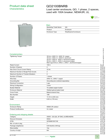 Square D QO2100BNRB QO 100 Amp 2-Pole Outdoor Circuit Breaker Enclosure ...