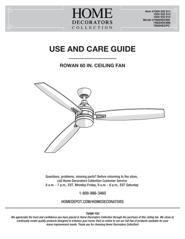 Home Decorators Collection 7983HDCBN Rowan 60 in. Integrated LED Indoor Brushed Nickel Dual Mount Ceiling Fan Use and care guide | Manualzz