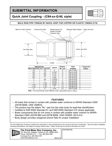 Ford Meter Box C84 77 Q 1 In MIP Swivel X CTS Pack Joint Brass