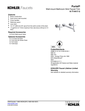 Kohler 1014556-CP Purist® 10-1/4 in. Submersible Assembly Spout and Hardware Specification | Manualzz