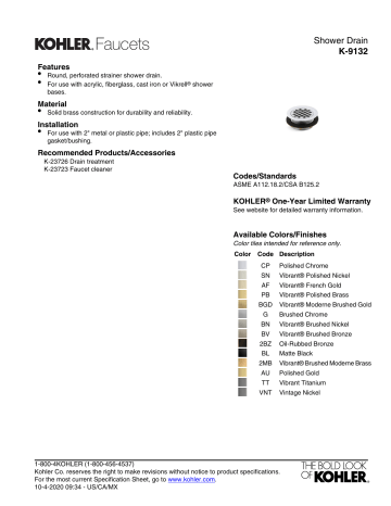 KOHLER 9132-2BZ Devonshire® 2 in. Inside Caulk Bronze/Brass Oil Rubbed Bronze Shower Drain Specification | Manualzz