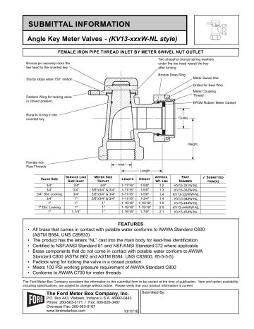 Ford Meter Box KV13-444W-NL 1 in. FIPS x Meter Swivel Nut Brass Meter Angle Key Valve Specification | Manualzz