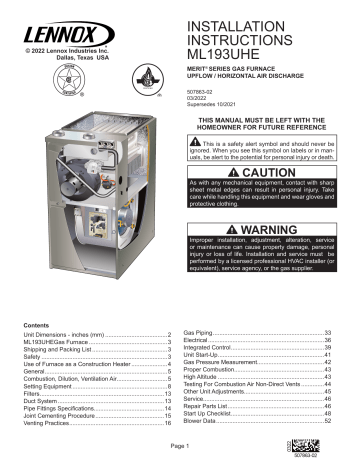Unit Start-Up. Lennox ML193UHE Gas Furnace | Manualzz