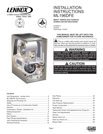 Gas Piping. Lennox ML196DFE Series Units | Manualzz