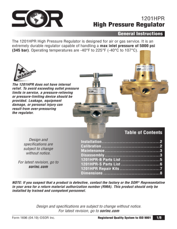 SOR 1201HPR Pressure Regulator Instructions | Manualzz