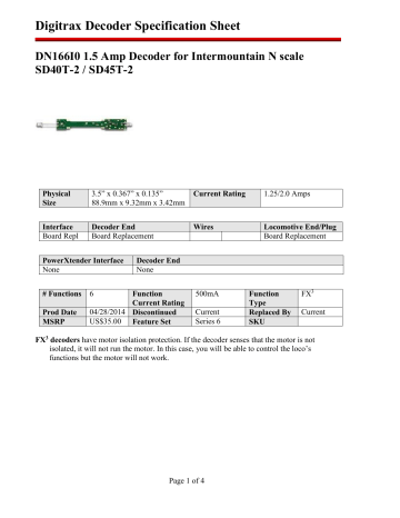 Digitrax DN166I0 1.5 Amp Decoder Specification Sheet | Manualzz