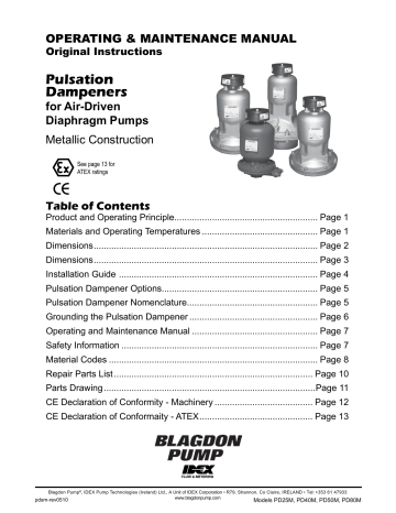 Blagdon Pump PD50 Pulsation Dampeners Service Manual | Manualzz