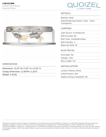 Quoizel LUD1613EK Ludlow Flush Mount Specification Sheet | Manualzz