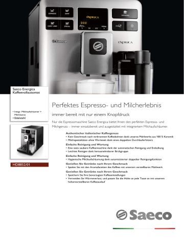 Saeco HD8852/01 Saeco Energica Kaffeevollautomat Produktdatenblatt | Manualzz