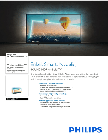 Philips 75PUS8007/12 LED 4K UHD LED Android-TV Produktdatablad | Manualzz