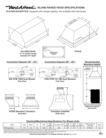 Vent-A-Hood PYH18 Specifications | Manualzz