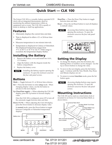 Extron electronics CLK 100 Quick Start Manual | Manualzz