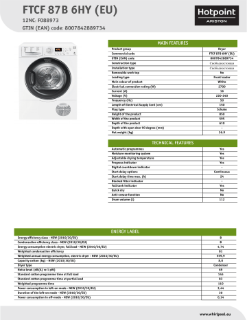 HOTPOINT/ARISTON FTCF 87B 6HY (EU) Dryer Product Data Sheet | Manualzz