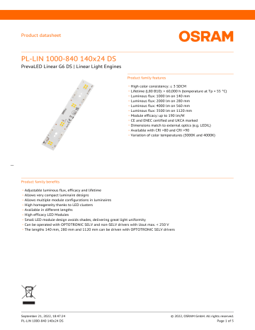 Osram PL-LIN 1000-840 140x24 DS Data Sheet | Manualzz