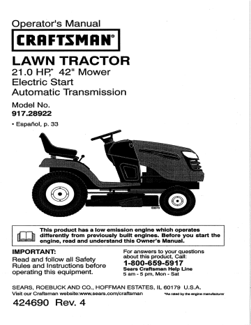 Craftsman 917289221 TRACTOR YTS3000 Owner's Manual | Manualzz