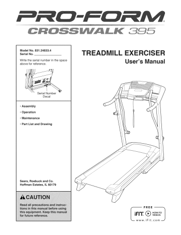 Proform 831248334 Crosswalk 395 Treadmill Owner's Manual | Manualzz
