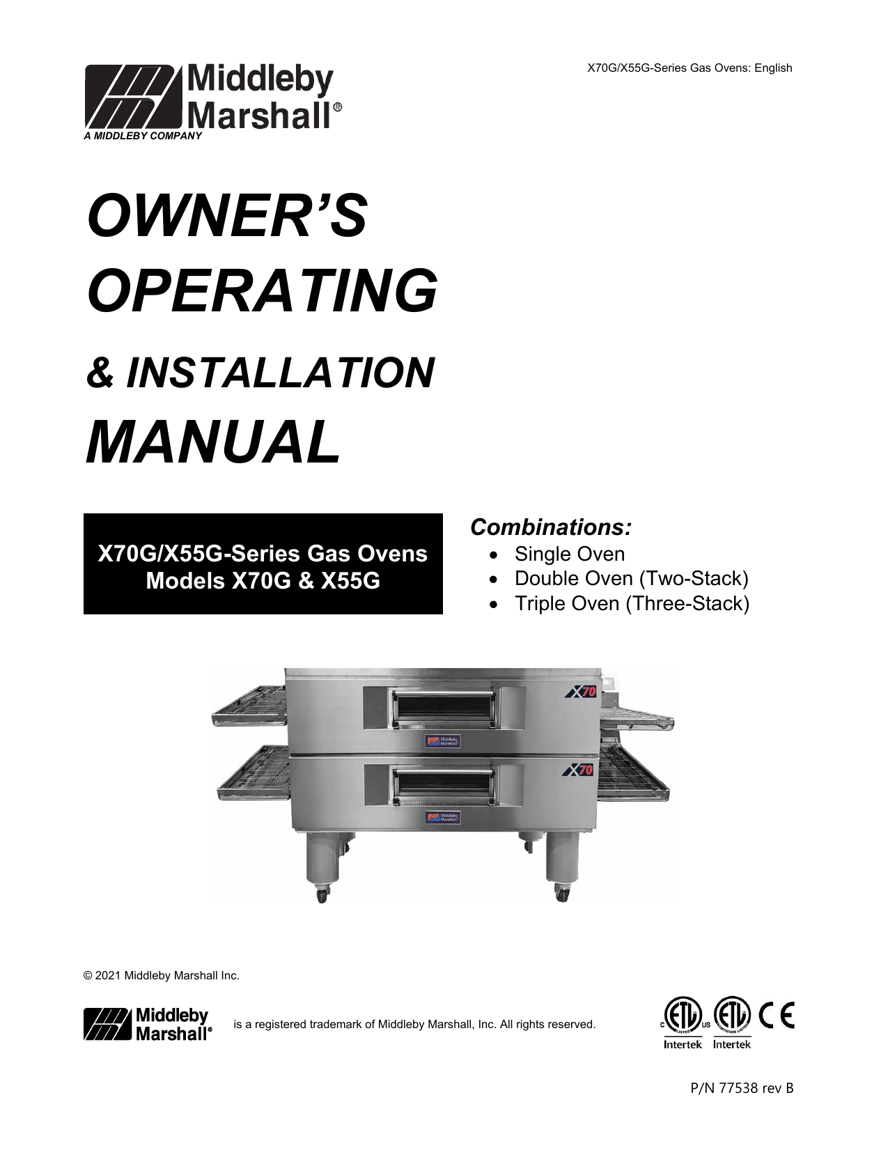 Middleby Marshall X70 X-Series Gas Conveyor Oven Owner's