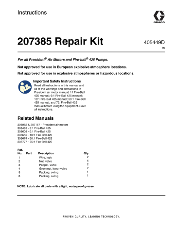 Graco 405449D, 207385 Repair Kit Instructions | Manualzz