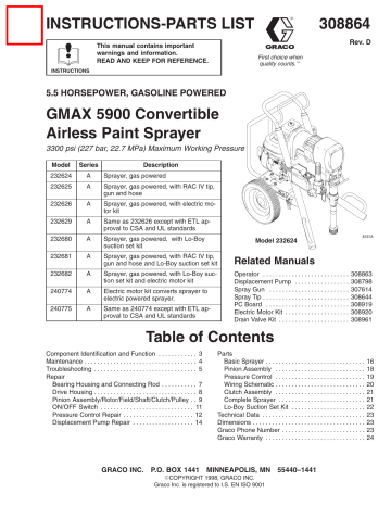 Graco 308864D 5.5 HORSEPOWER, GASOLINE POWERED GMAX 5900 Convertible Airless Paint Sprayer Owner's Manual | Manualzz