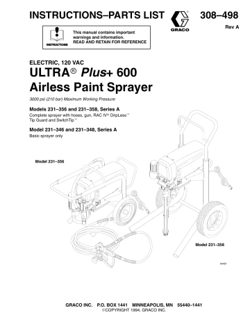 Graco 308498A ELECTRIC, 120 VAC ULTRA Plus+ 600 Airless Paint Sprayer Owner's Manual | Manualzz