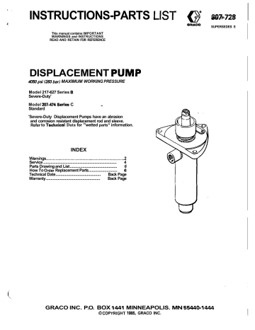 Graco 307728E DISPLACEMENT PUMP Owner's Manual | Manualzz