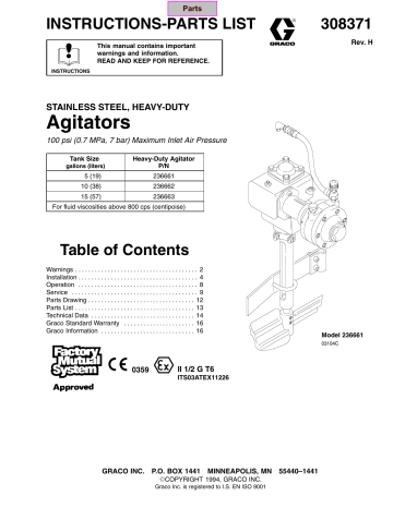 Graco 308371H Agitators, Stainless Steel, Heavy-Duty Owner's Manual | Manualzz