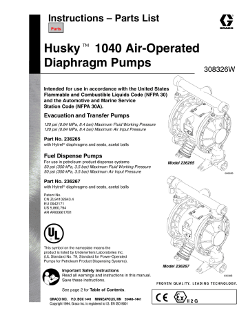 Graco 308326W - Husky 1040 Air-Operated Diaphragm Pumps Owner's Manual | Manualzz
