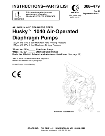 Graco 308479M ALUMINUM AND STAINLESS STEEL Husky 1040 Air-Operated Diaphragm Pumps Owner's Manual | Manualzz