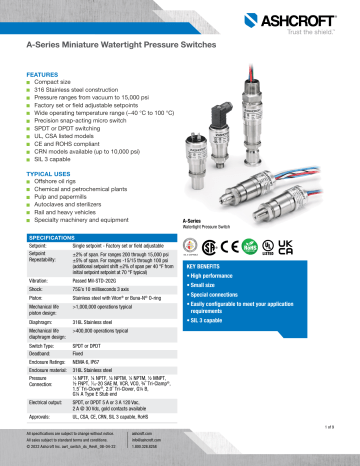 Ashcroft A-Series Watertight Pressure Switch Datasheet | Manualzz