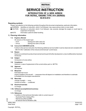 Rotax 914 UL Service Instruction | Manualzz