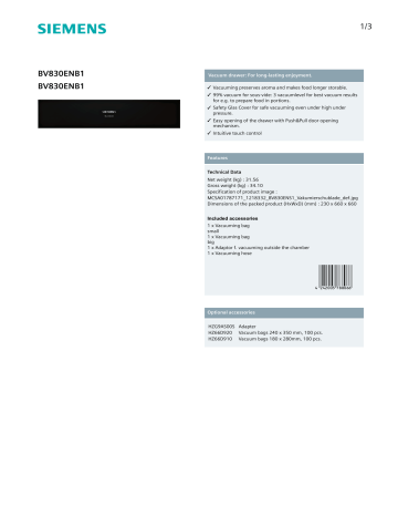 Siemens BV830ENB1 studioLine Vacuum Drawer Specifications | Manualzz