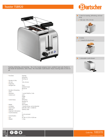 Bartscher 100370 Toaster TSBR20 Data sheet | Manualzz