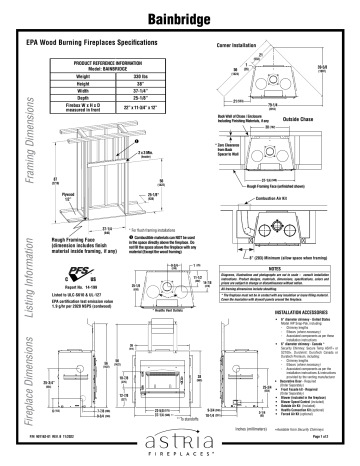 Astria Bainbridge Wood-Burning Fireplace Specification Sheet | Manualzz