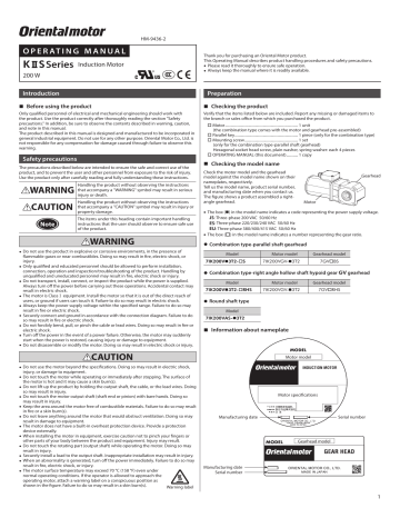 Oriental Motor 7IK200VGV-ES3T2 200 W (1/4 HP) Operating Manual | Manualzz