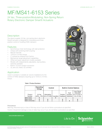 Schneider Electric MF41-6153/MS41-6153 Series 24 Vac, Three-position/Modulating Non-spring Return Rotary Electronic Damper SmartX Actuators Instruction Sheet | Manualzz