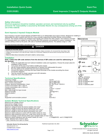 Schneider Electric O2013GB Esmi Impresia 2 Inputs_2 Outputs Module Instruction Sheet | Manualzz