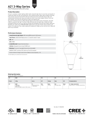 Cree Lighting A21 3-way Pro Series Lamp Spec Sheet 