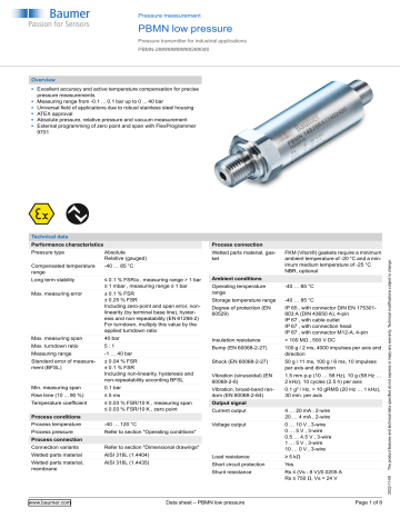 Baumer PBMN low pressure Pressure measurement Data sheet | Manualzz