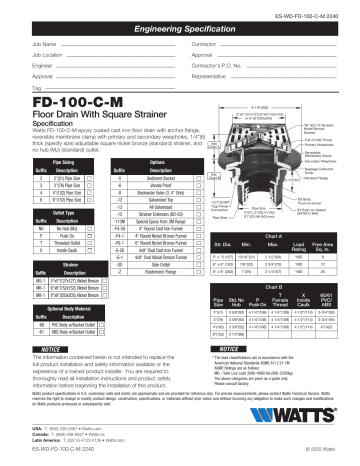 Watts FD-100-C-M Floor Drain Specification Sheet | Manualzz