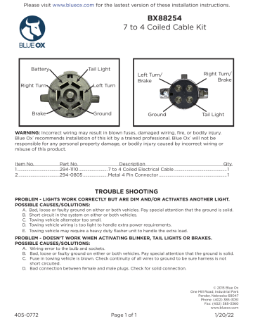 Blue Ox BX88254 7-4 Coiled Electrical Cable Instructions | Manualzz