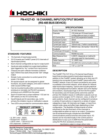 Hochiki FN-4127-IO 16 Channel Input/Output Board Data Sheet | Manualzz