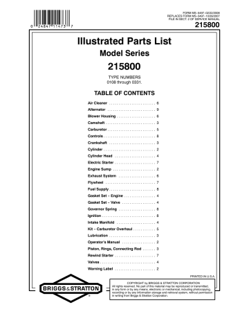 Briggs & Stratton 215800 Series Illustrated Parts List | Manualzz