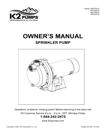 K2 IRP15001K 1.5 HP Sprinkler Pump Instructions | Manualzz