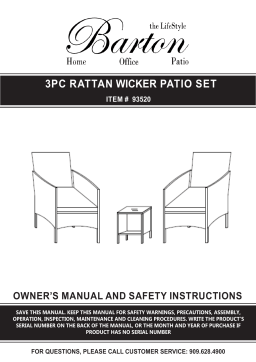 Barton 93520 3-Piece Wicker Rattan Furniture Outdoor Bistro Patio Set Chairs Owner's Manual