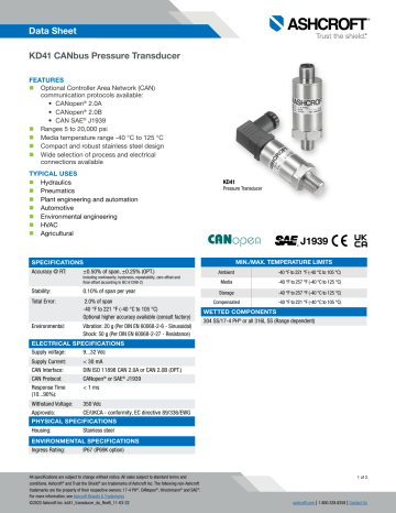 Ashcroft KD41 CANbus Pressure Transducer Datasheet | Manualzz