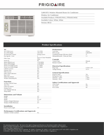 Frigidaire Ffra051wae Window Air Conditioner Spec Sheet 