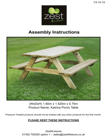 Zest 4 Leisure Katrina Picnic Table Assembly Instructions | Manualzz