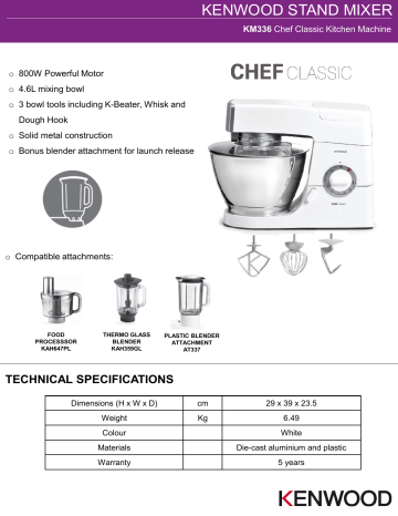 Kenwood KM336 Classic Chef Food Mixer Specifications | Manualzz