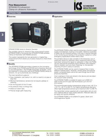 ICS SITRANS FS290 portable ultrasonic flowmeter system Datasheet | Manualzz