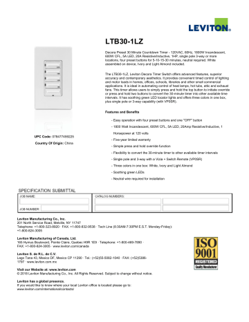 Leviton LTB30-1LZ Countdown Timer Specification | Manualzz